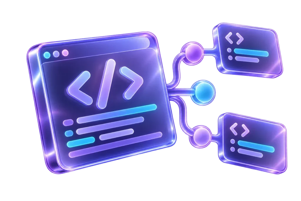 Sviluppo per team — illustrazione servizio MTOweb Pannello con simboli di codice collegato a una struttura di versionamento e moduli di sviluppo.