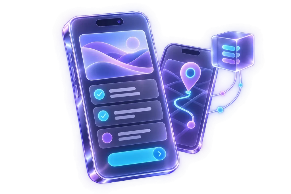 Mobile apps — MTOweb service illustration A smartphone with a task list and map route connected to business data.