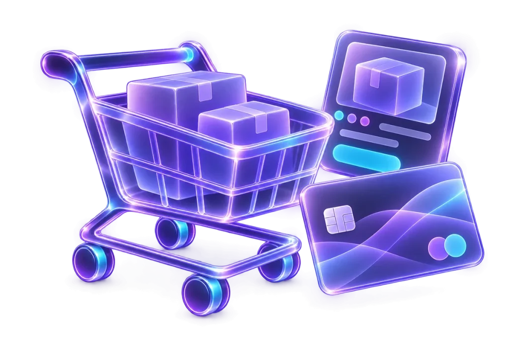 Ecommerce — MTOweb service illustration A shopping cart with products, a product page and a payment card.