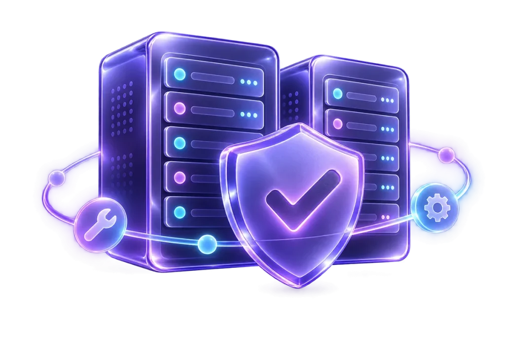 Hosting e assistenza — illustrazione servizio MTOweb Server protetti da uno scudo, con simboli di manutenzione e assistenza.
