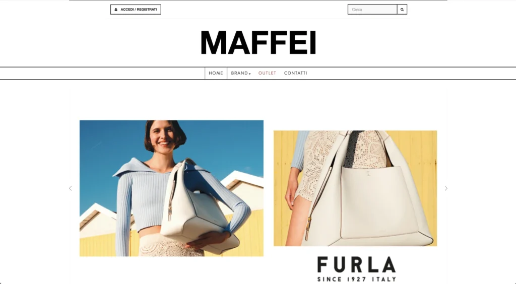 Maffei Shop — historical ecommerce screenshot Historical Maffei Shop screenshot with brand navigation and fashion catalogue images.