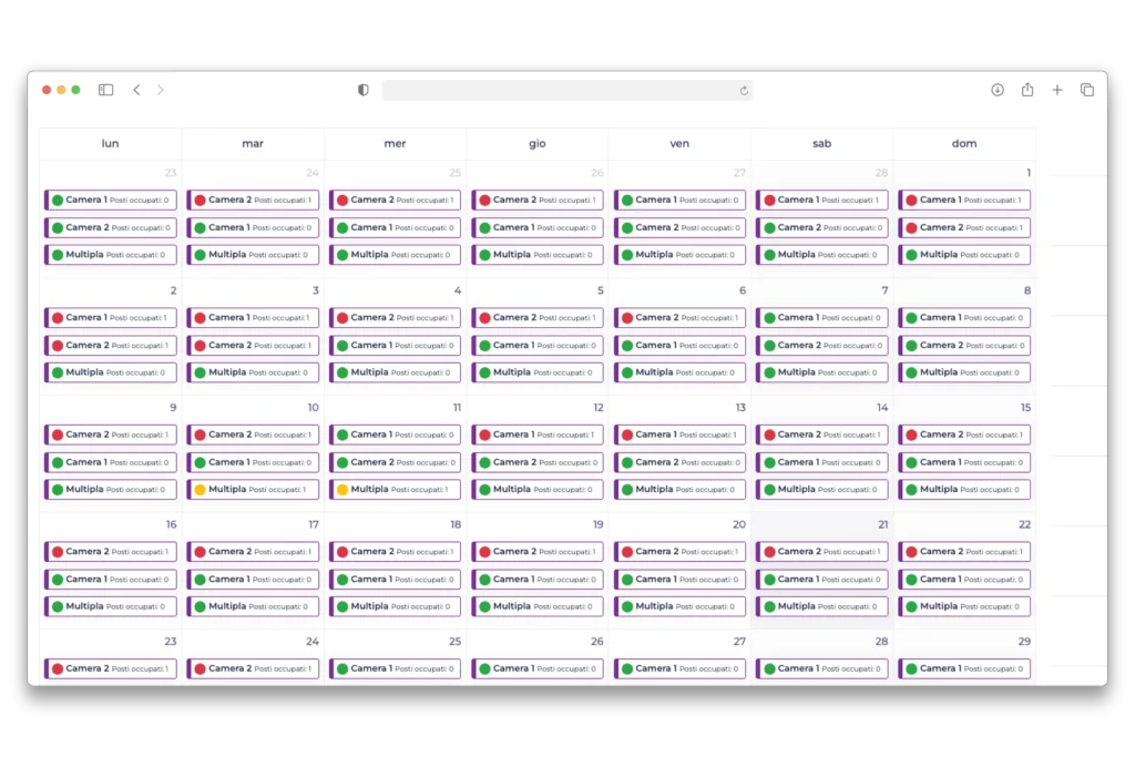 Calendario MNP con disponibilità e posti occupati delle camere della casa funeraria.
