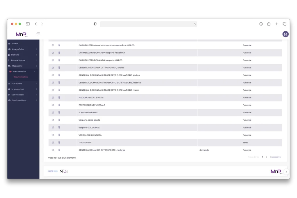 Archivio dei modelli documentali MNP per le pratiche e i servizi funebri.