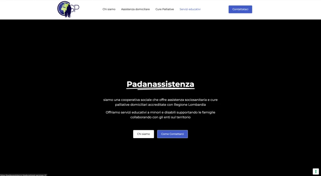 Padanassistenza — sito istituzionale del cliente Pagina iniziale del sito istituzionale Padanassistenza con presentazione della cooperativa e dei servizi.