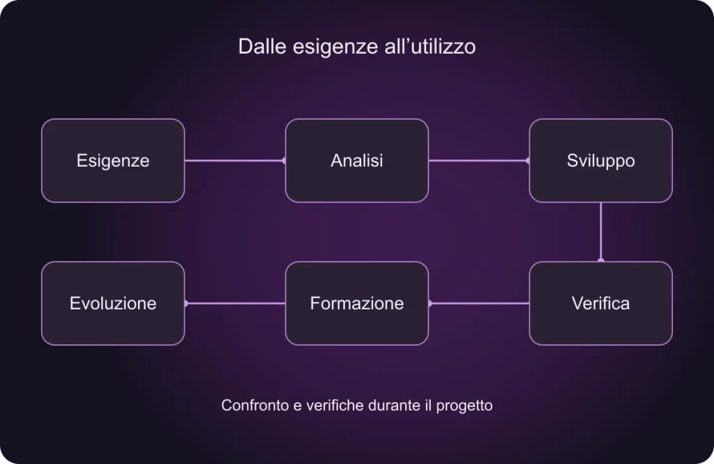 Project process: needs, analysis, development, testing, training and evolution.