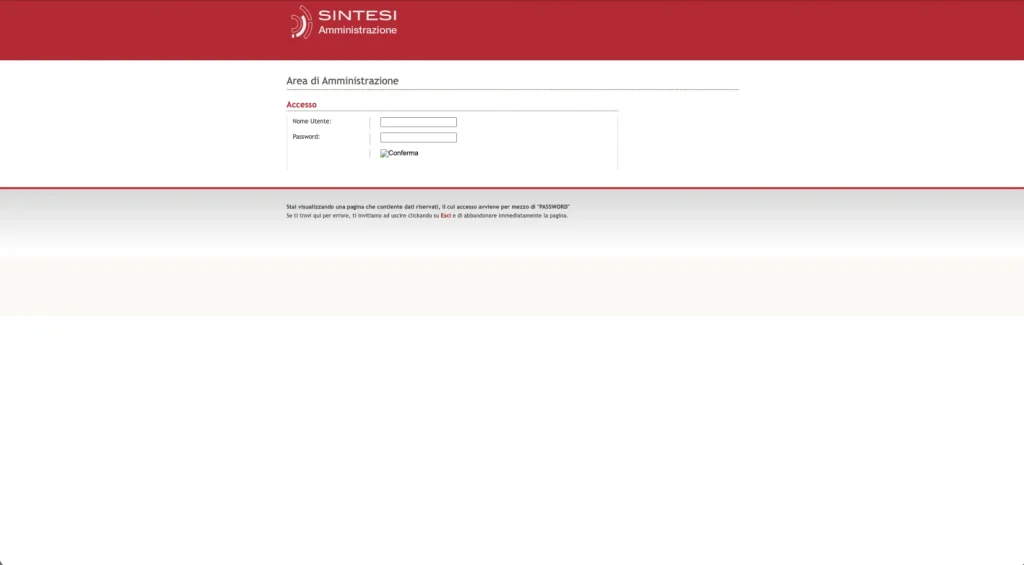 Sintesi administration login page with empty authentication fields.