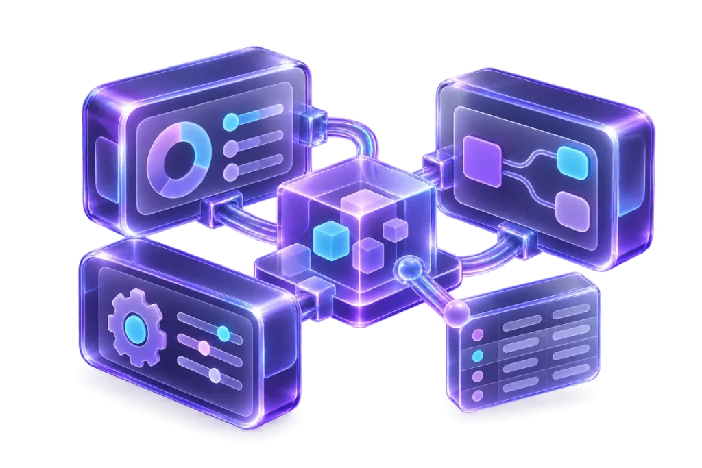 Software su misura — illustrazione servizio MTOweb Moduli software collegati a dati, flussi e impostazioni personalizzate.